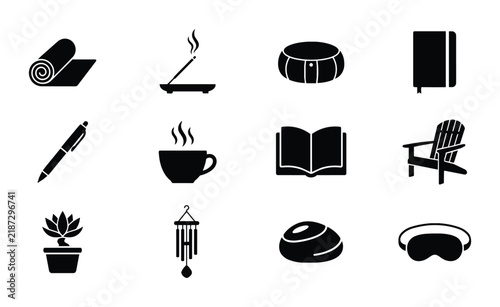 Wellness Icons Set, Meditation and Relaxation Symbols, Yoga Mat, Incense, Zen Stone, Book, Cup, Chair, Plant, Sleep Mask, Mindfulness Graphics