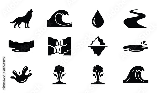 Nature Elements Icons: Wolf, Waves, Water Drop, River, Lake, Waterfall, Iceberg, Puddle, Splash, Geyser Set