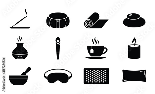 Serene Spa & Wellness Icons Set, Relaxing Aromatherapy, Meditation, and Comfort Objects, Vector Graphics for Health and Beauty