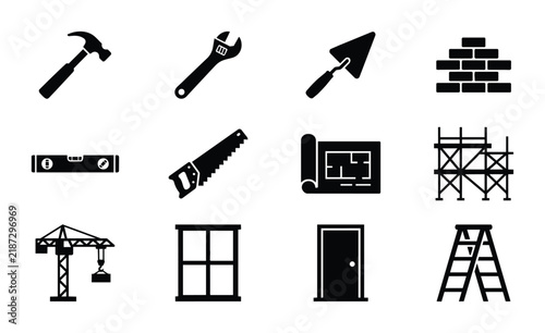 Construction Tools and Building Elements Vector Icons Set, Blueprint, Scaffolding, Crane, Window, Door, Ladder, Hammer, Wrench, Trowel, Brick Wall, Saw, Level
