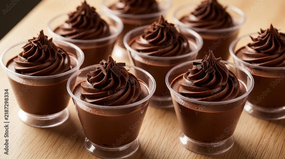 Obraz premium Delicious chocolate mousse in small clear plastic cups. Sweet dark cocoa dessert with creamy swirl, chocolate shavings on light wooden table. Tasty mini pudding treats for party, catering, cafe menu.