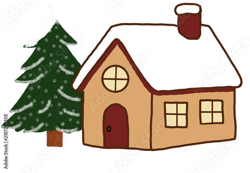 Snow-covered Christmas tree and house hand-drawn illustration