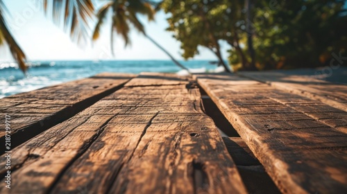 Dark wood floor top on blur tropical beach background, Advertisement, Print media, Illustration, Banner, for website, copy space, for word, template, presentation