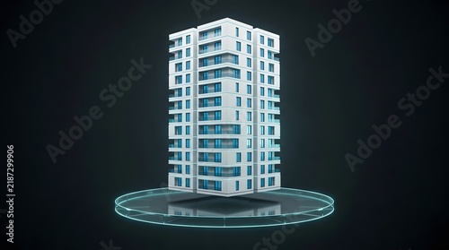 Modern white apartment building with blue accents floating on a glowing wallpaper backgrond