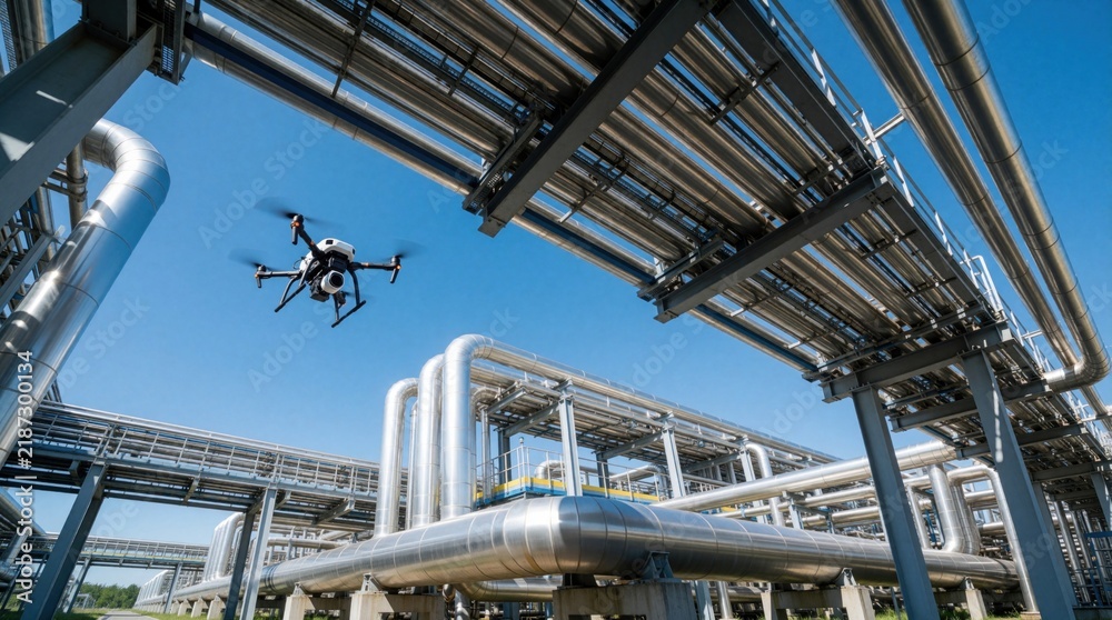 Obraz premium Drone flies near industrial pipeline network against clear blue sky. Modern tech inspects energy infrastructure for maintenance and surveillance.