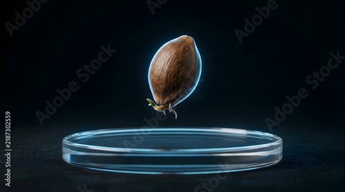 Single seed with sprouting roots levitating above a petri dish with blue glow wallpaper backgrond