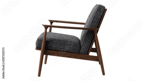 фотографія Mid-century modern armchair with dark wood frame and grey fabric upholstery, iso