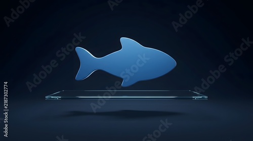Solid blue fish silhouette floating above a clear acrylic platform on a dark wallpaper backgrond