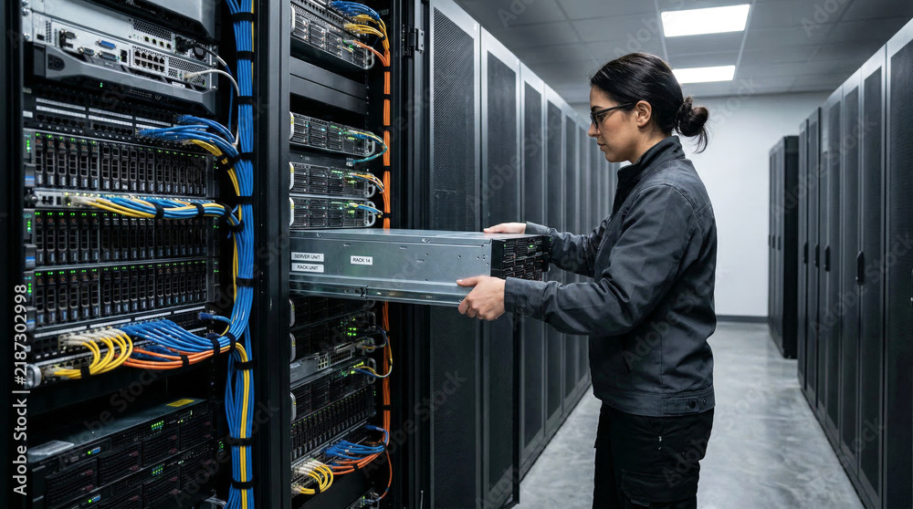 Fototapeta premium Technician Installs Server Hardware In Data Center Rack. Network Maintenance, Cloud Infrastructure, Data Storage And Enterprise Technology Concept.