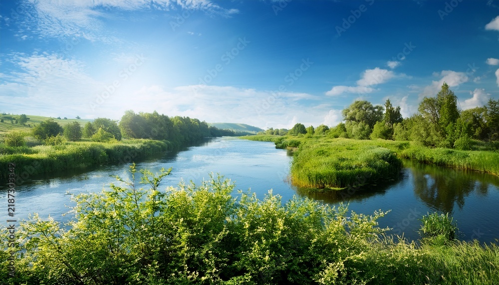 Fototapeta premium Summer River Landscape With Green Bushes On The Riversides