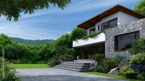 Luxurious modern architecture building, contemporary villa home, perfectly positioned with natural green landscape and peaceful garden. stunning exterior residence evokes tranquil and inviting
