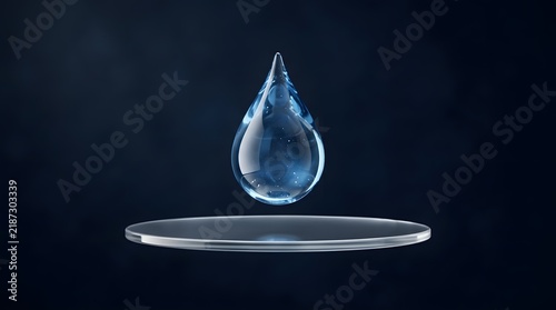 Transparent water droplet with internal bubbles floating above glass surface wallpaper backgrond