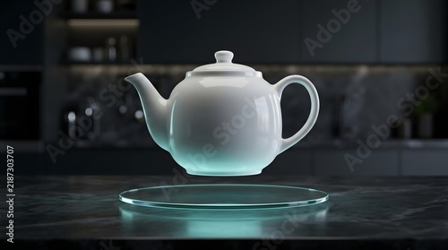 White ceramic teapot floating above a clear glass disc with glowing blue light wallpaper backgrond