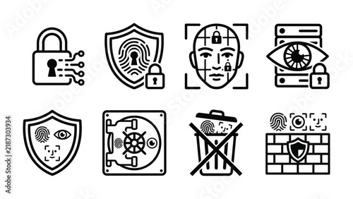 Security and Privacy Icons: A collection of sleek, modern icons representing various aspects of digital security, privacy, and data protection, including locks, fingerprints, facial recognition.