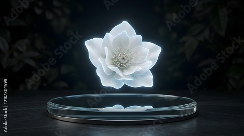 White flower levitating above a transparent circular platform on a dark wallpaper backgrond