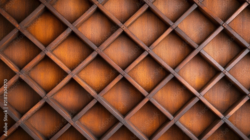 Fototapeta premium Artistic display of wine bottles in a diamond-shaped wooden rack under warm lighting for a cozy ambiance