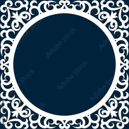 Canvas Print Elegant white ornate circular frame with intricate swirling floral motifs on dar