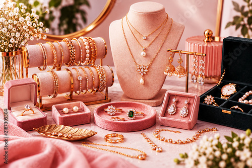 Elegant gold jewelry collection displayed on pink velvet stands and trays