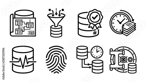 Data Management Icons: A collection of line art icons representing various aspects of data management, including database diagrams, data filtering, data security, time management.