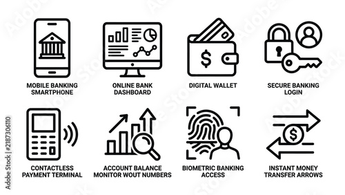 Banking Technology Icons: A collection of eight monochrome icons illustrating various modern banking technologies and services, including mobile banking, online dashboard, digital wallet.