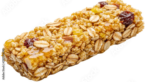 Hearty oat and dried fruit granola bar sticky honey binding, isolated on transparent background