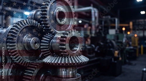 American Flag Overlay On Industrial Machinery Steel Gears In Factory