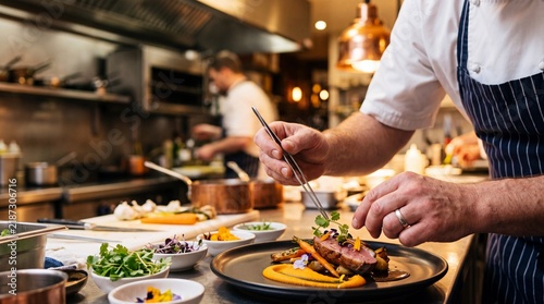 Chef Plating Gourmet Meat Dish With Tweezers In Commercial Kitchen