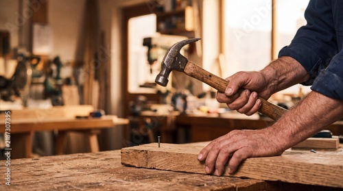 Carpenter holding hammer to drive nail into wood plank in workshop
