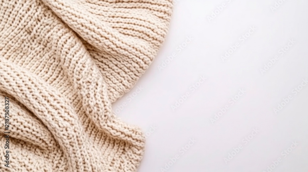 Fototapeta premium Warm beige woolen sweater texture creates a cozy backdrop for creative designs and seasonal inspirations with soft yarn fabric