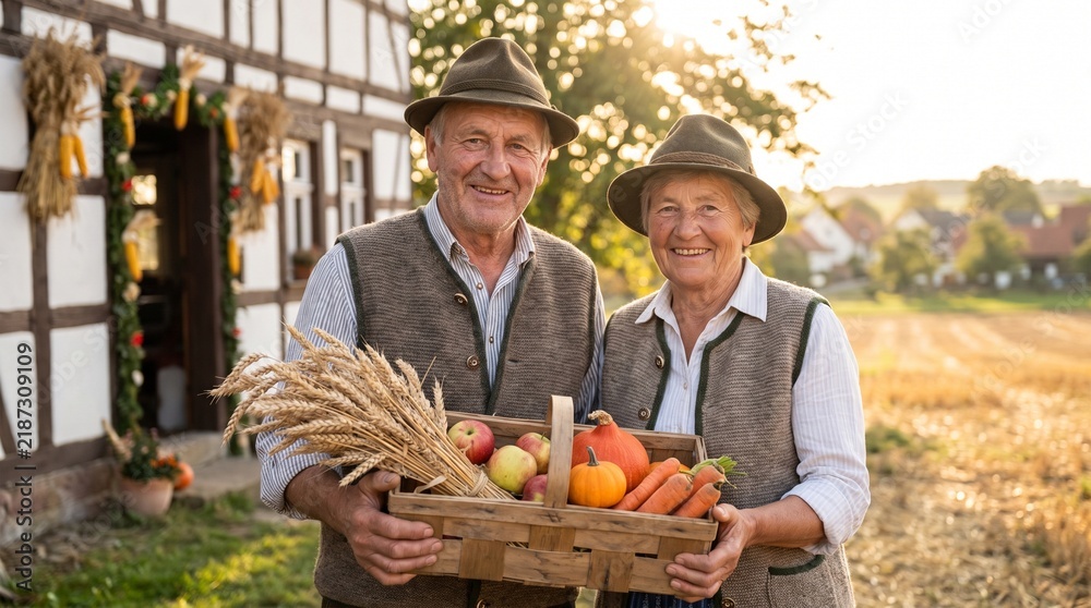Obraz premium Happy senior couple holding a basket of fresh autumn harvest in front of a traditional timber-framed house.