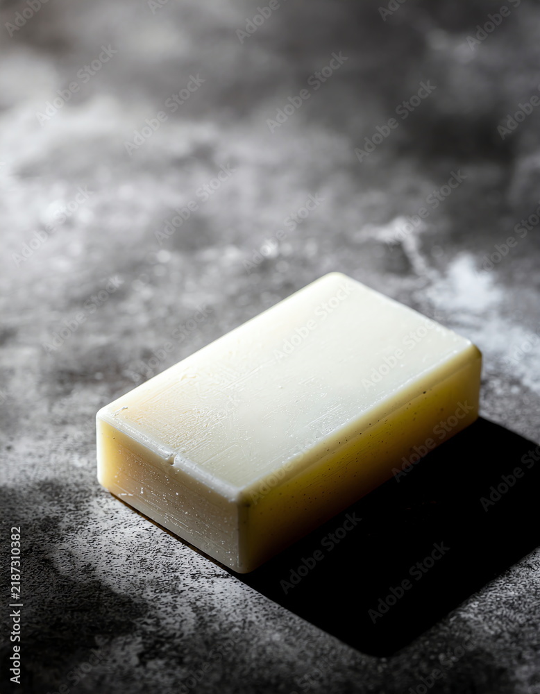 Fototapeta premium Elegant natural soap bar, dramatically lit to emphasize its smooth texture and pristine form, casting a profound shadow on a dark, industrial concrete surface