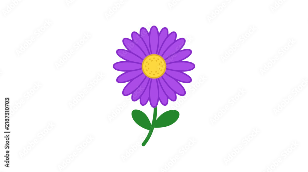 Fototapeta premium Violet daisy blossom icon with petals and green stem is isolated over a plain white backdrop.
