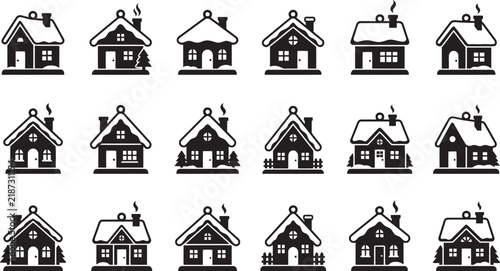 Collection of black house icons with chimneys and gabled roofs
