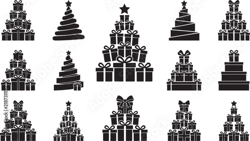 Black silhouette christmas trees constructed from gifts and layered shapes