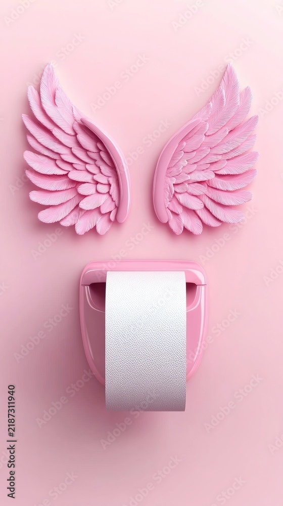 Fototapeta premium Whimsical toilet paper with angel wings set against a pastel backdrop in a minimalistic design for serene home decor