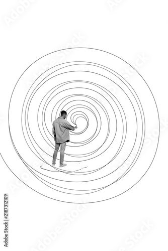 Trend artwork image photo collage of gray color space line circle hypnosis young man stand platform paint finger think mind psychology