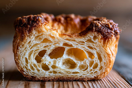 Freshly baked golden brown puff pastry showing honeycomb crumb texture with baked goods