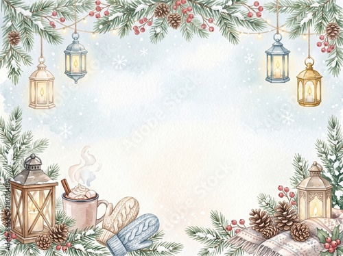 Cozy Winter Background with Lanterns, Pinecones, and Hot Cocoa