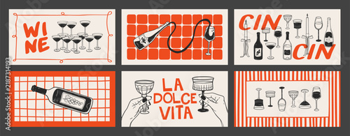 Hand drawn outline horizontal posters set of wine with lettering. La dolce vita illustrations with hands, bottles and glasses of wine. Vintage design for wall art, print, menu, interior, banner, cover