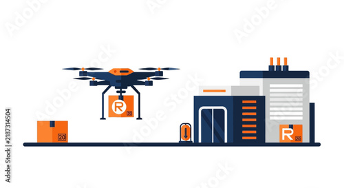 Flat Vector Illustration of Autonomous Drone Delivery from Smart Warehouse