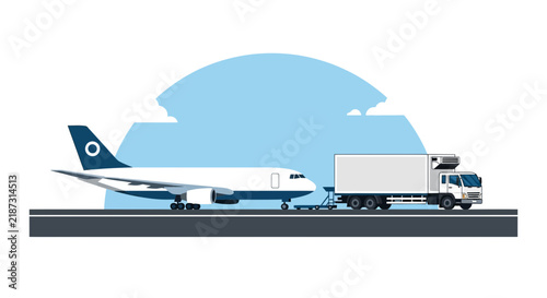 Logistics and air freight concept with cargo plane and delivery truck on airport runway
