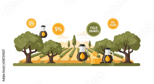 Olive oil production and yield share infographic illustration with orchard landscape and percentage data.