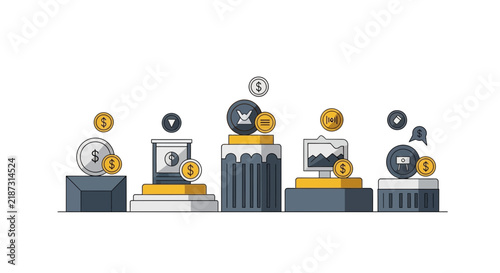 Modern Flat Vector Illustration of Financial Assets, Cryptocurrency Icons, and Investment Portfolios on Pedestals
