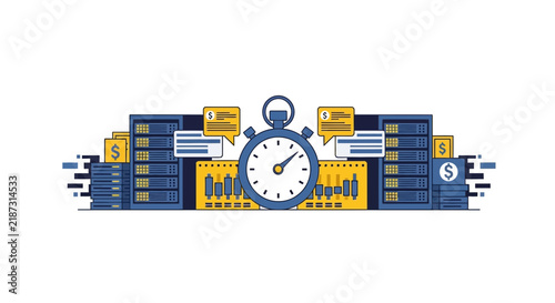 Data Hosting Efficiency and Financial Analytics Illustration with Stopwatch, Server Racks, and Money Symbols