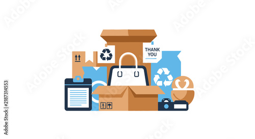 Sustainable Eco-friendly E-commerce Packaging and Green Shipping Illustration with Recyclable Boxes and Recycle Symbols