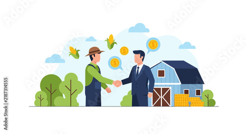 Businessman and farmer handshake for agricultural deal, corn trade, and farm investment concept.