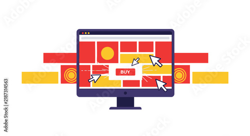 Modern Flat Illustration of E-commerce Website on Monitor with Multiple Cursors Clicking BUY Button