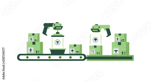 Flat vector illustration of automated warehouse conveyor scanning boxes for smart logistics and shipping.