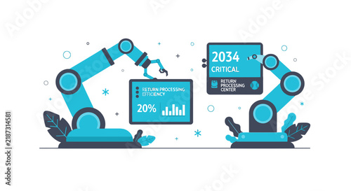 Automated Return Processing Center with Industrial Robots and Data Efficiency Analytics Flat Vector Illustration