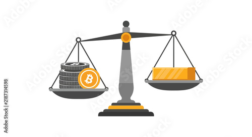Scale Balancing Bitcoin Coins and Gold Bar Illustration